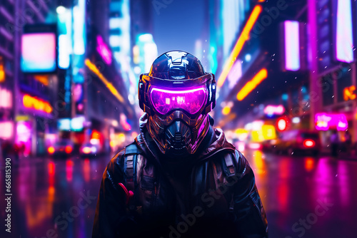 Futuristic cyber man, Cyberspace Augmented Reality,, game, future technology, Virtual neon Tokyo © Michael