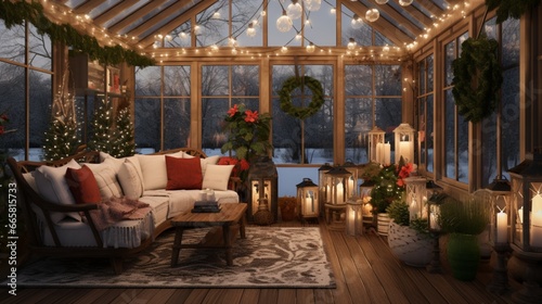 Sunroom transformed into a winter garden paradise with twinkling lights, potted poinsettias, and a festive nature display.