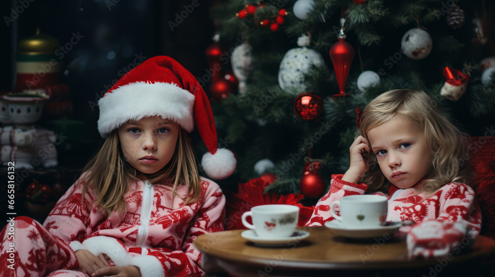Unhappy children on christmas in their pyjamas, with tea set and christmas tree. Generated with ai.