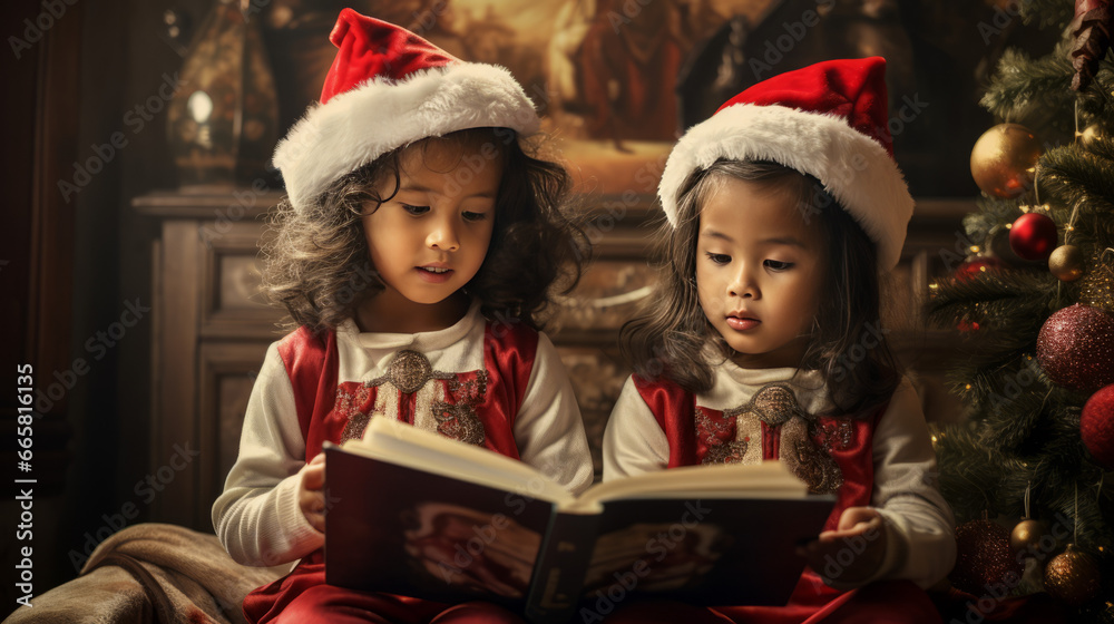 Asian girls reading a book on Christmas day, a christmas tree and gifts next to them. Generated with ai.