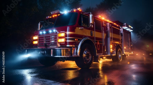 AI generated illustration of a vivid red fire truck illuminated by the glowing street lamps