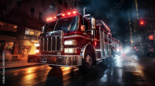 AI generated illustration of a vivid red fire truck illuminated by the glowing street lamps