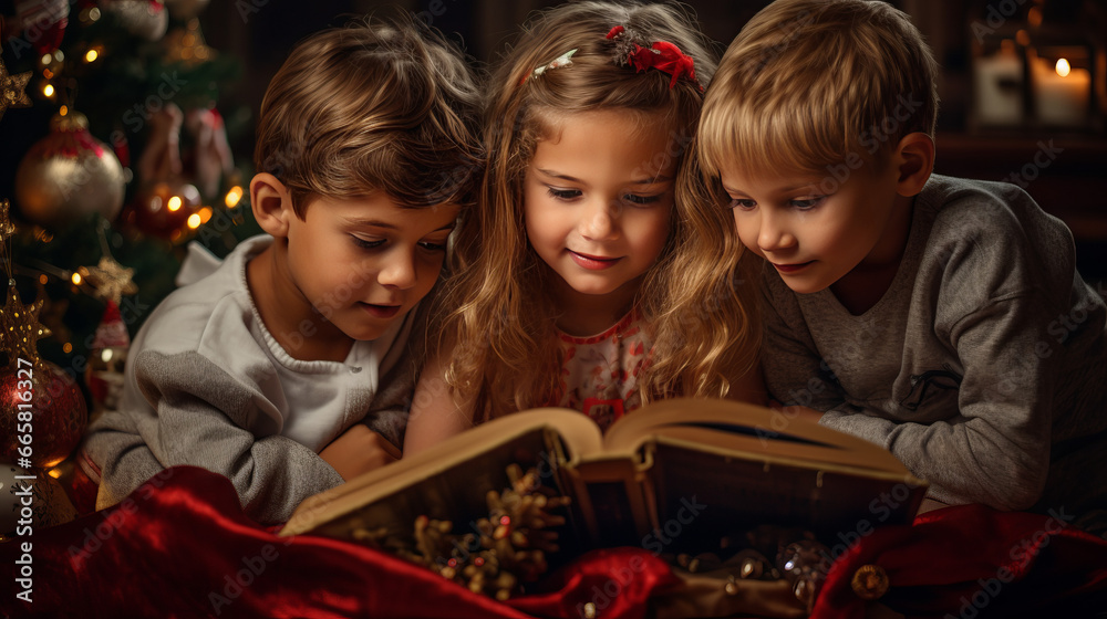 Brother and sisters reading a book on Christmas day, a christmas tree and gifts next to them. Generated with ai. Brother and sisters reading a book on Christmas day, a christmas tree and gifts next to them. Generated with ai.