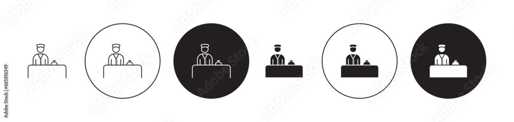 Concierge thin line icon set. guest hospitality desk vector symbol. hotel reception counter sign in black and white color - obrazy, fototapety, plakaty 