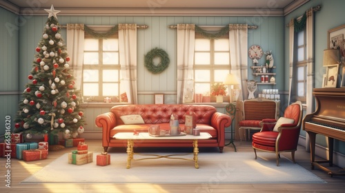 Vintage-inspired living room with classic Christmas decor, including retro ornaments and a tinsel-covered tree. © ZUBI CREATIONS
