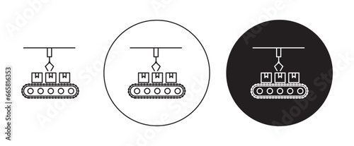 Assembly thin line icon set. manufacture conveyor belt vector symbol. product production robot arm sign in black and white color