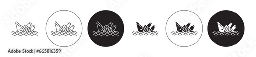 Sinking titanic thin line icon set. cargo ship accident vector symbol. shipping boat disaster sign in black and white color photo
