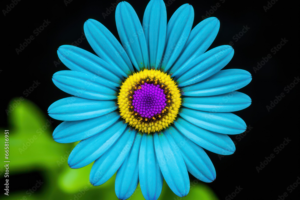 A carefully arranged close-up of a four-colored blossom, with a mix of purple, blue, pink, and white petals, captured against a black background, creating a visually striking and harmonious image with