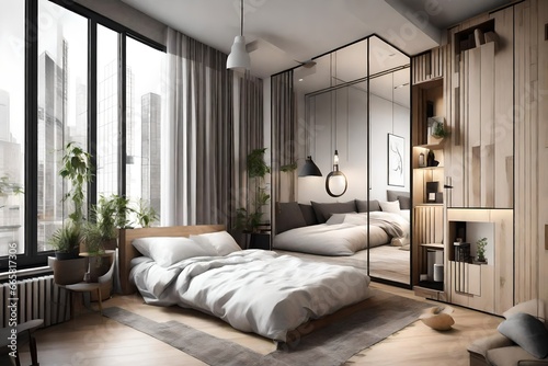 Compact  modern sleeping room interior design in scandinavian style