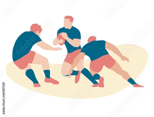 Rugby players running and tackling on the rugby field