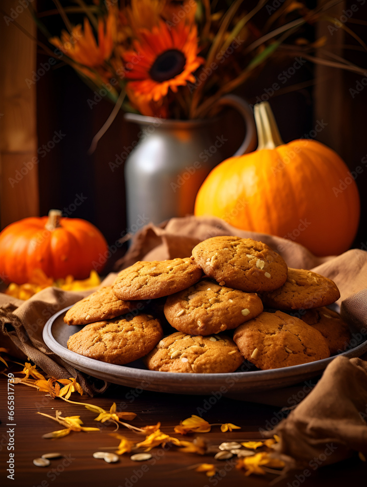 Fresh baked pumpkin cookies on white plate on kitchen table, blurred fall background Fresh baked pumpkin cookies on white plate on kitchen table, blurred fall background