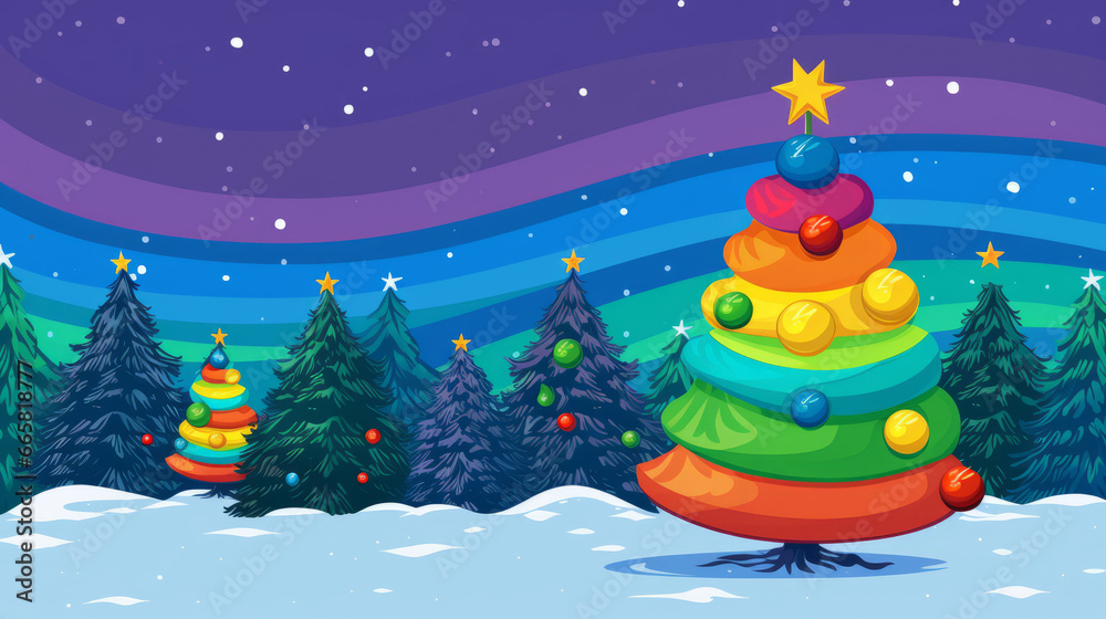 Christmas tree in rainbow colors in snowy landscape. Generated with ai.