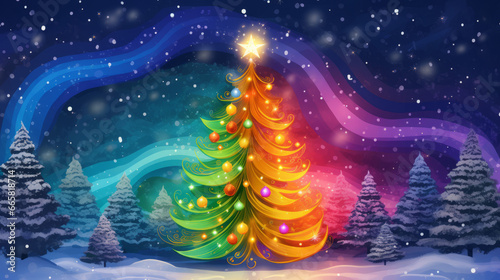 Christmas tree in rainbow colors in snowy landscape. Generated with ai.