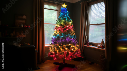Christmas tree in rainbow colors at home, generated with ai.