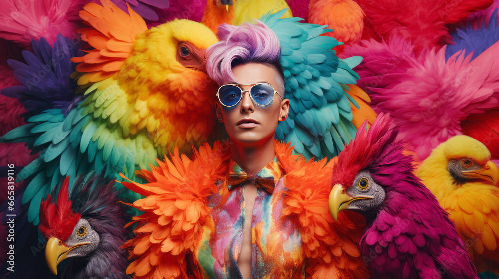 Colorful portrait of a person surrounded by feathers and fantasy parrots, generated with ai