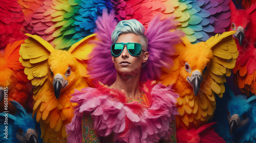 Colorful portrait of a person surrounded by feathers and fantasy parrots, generated with ai