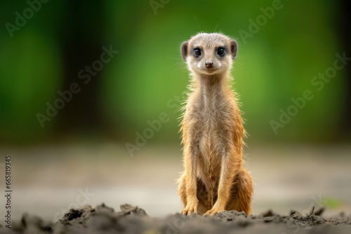 A captivating photograph of a curious meerkat standing on its hind legs, surveying its surroundings in the vast savannah, showcasing the meerkat's alertness and adaptability to the arid environmen photo