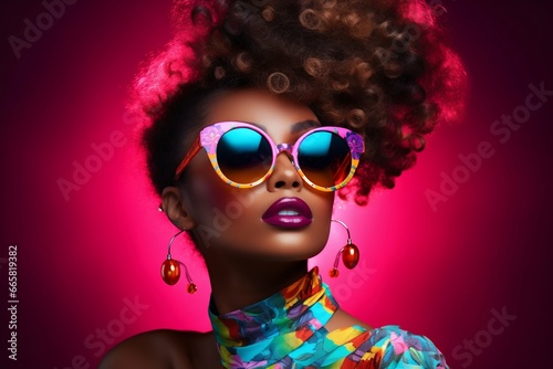 Neon Allure: High Fashion Portrait of a Radiant African American Beauty. Generative ai
