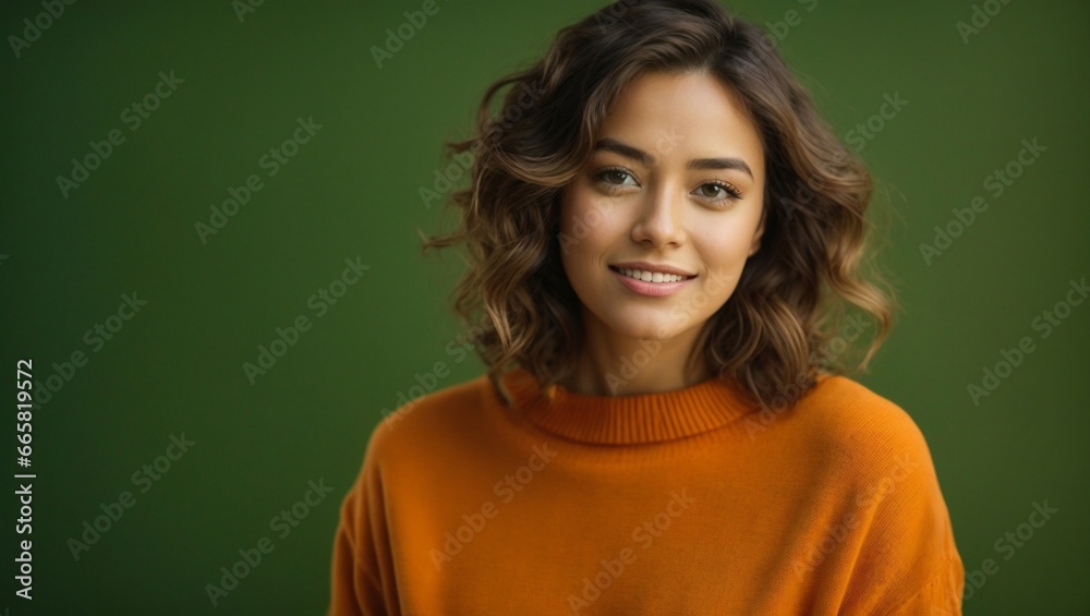 Portrait of attractive cute cheerful girl, portrait of a woman isolated on a green background Portrait of attractive cute cheerful girl, portrait of a woman isolated on a green background