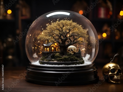 Halloween Snow Globe with Creepy Tree, Skull, and Haunted Town