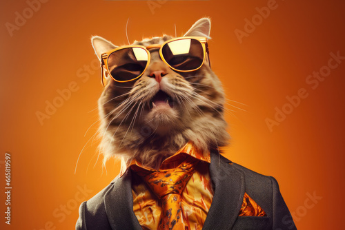 Funny suprised cat wear sunglass  orange background