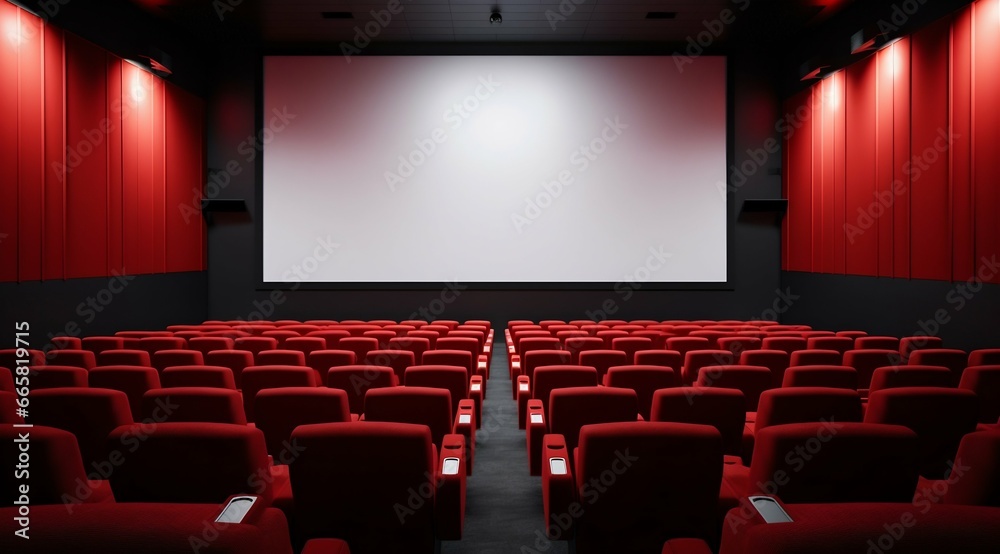 Fototapeta premium Cinema Awaits: Blank Movie Screen with Audience in Modern Theater. Generative ai