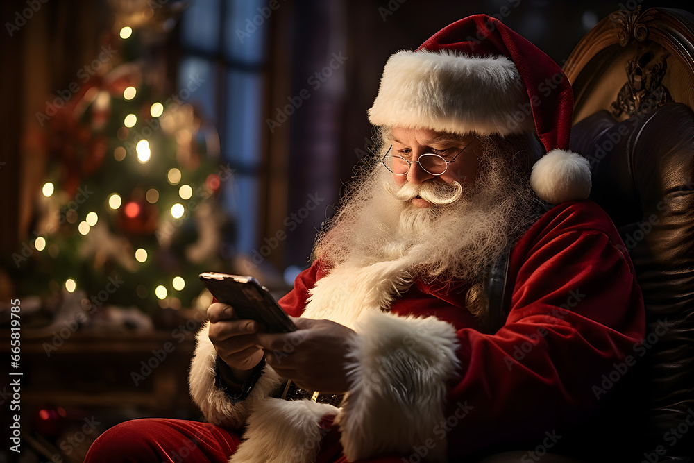 Portrait of santa claus sitting on a comfortable chair and checking social media in his mobile phone, warm decorated cozy room background Portrait of santa claus sitting on a comfortable chair and checking social media in his mobile phone, warm decorated cozy room background