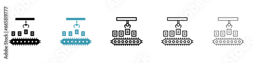 Assembly vector thin line icon set. manufacture conveyor belt vector symbol. product production robot arm sign for web ui designs