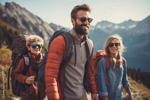 Lovely family hiking in the mountains in the vacation trip
