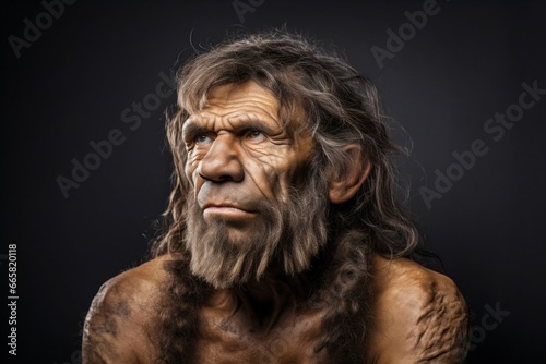 Echoes of the Past: Neanderthal Man on Studio Backdrop. Generative ai © Scrudje