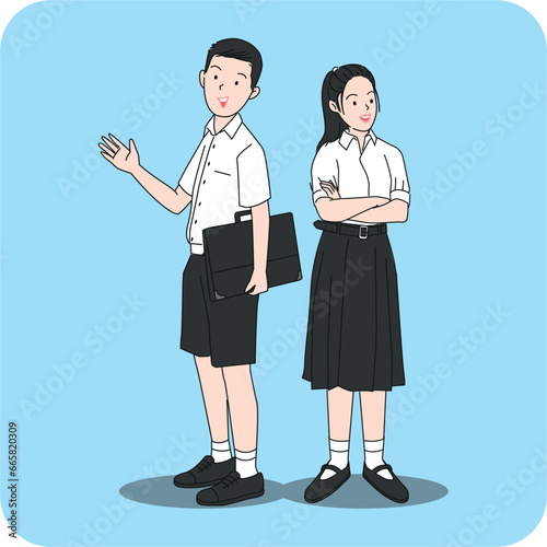 Young boy and girl smiling face in student uniform presenting. flat design. vector illustration.