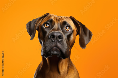 Studio portrait of sad dog, isolated on yellow background