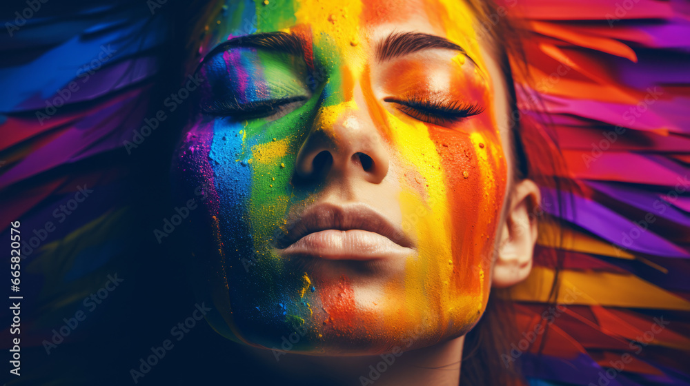 Close-up portrait of a woman with rainbow colors on her face, generated with ai
