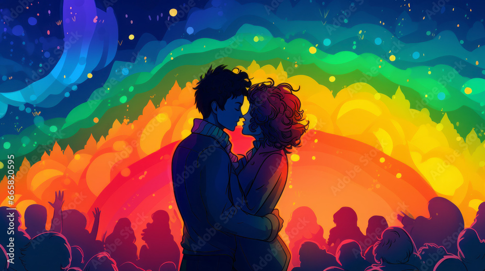 Two persons leaning in for a kiss, with a crowd and a rainbow in background Two persons leaning in for a kiss, with a crowd and a rainbow in background