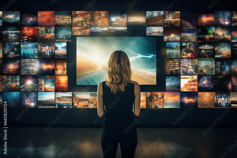 Digital Dive: Woman Engaged with Smart TV Streaming Choices. Generative ai Digital Dive: Woman Engaged with Smart TV Streaming Choices. Generative ai