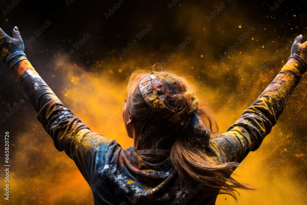 A breathtaking shot of people celebrating Holi at sunset, with vibrant colors splashed against the golden hour sky, creating a magical and surreal atmosphere filled with joy and happiness | ACTORS: Pe