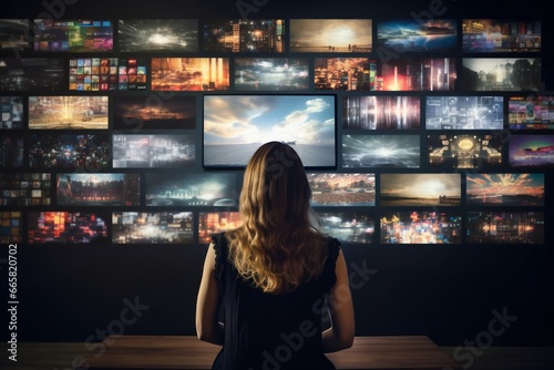 Digital Dive: Woman Engaged with Smart TV Streaming Choices. Generative ai