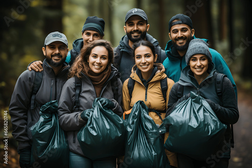 Team of young and diversity volunteer worker group enjoy charitable social work outdoor in cleaning up garbage and waste separation project photo