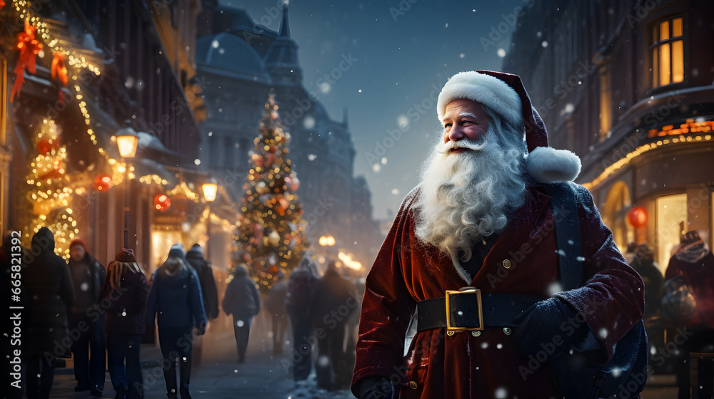 Santa claus standing in a street of decorated city, pople moving behind