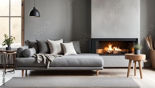 petit salon canapé gris et cheminée