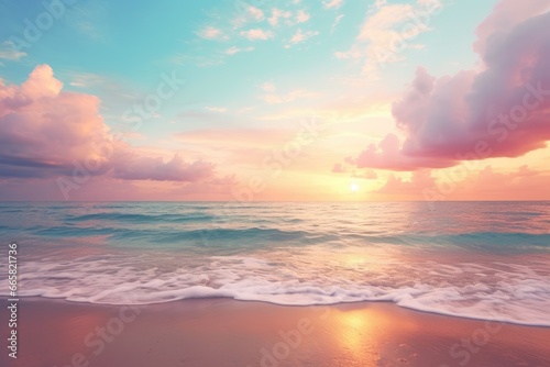 Panoramic nature landscape view of beautiful beach and sea. Inspire tropical beach with sunrise sky. Aerial top view background  drone photo backdrop of seascape horizon. Vacation travel banner