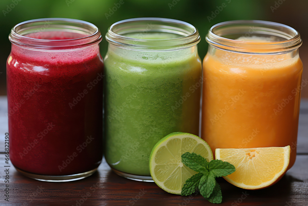 A vibrant juice bar offering an assortment of freshly squeezed juices and colorful smoothies, made from a variety of fruits, vegetables, and superfoods, promoting a healthy and refreshing approach to A vibrant juice bar offering an assortment of freshly squeezed juices and colorful smoothies, made from a variety of fruits, vegetables, and superfoods, promoting a healthy and refreshing approach to