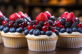 Cupcakes bursting with fresh fruit flavors, such as strawberry, blueberry, and lemon, showcasing the perfect balance of sweetness and tanginess | ACTORS: Fruity Cupcakes | LOCATION TYPE: Picnic Area |