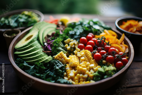 A beautifully composed salad bowl filled with an assortment of fresh greens, vibrant vegetables, protein-packed legumes, and a tangy dressing, highlighting the healthiness and visual appeal of vegan s