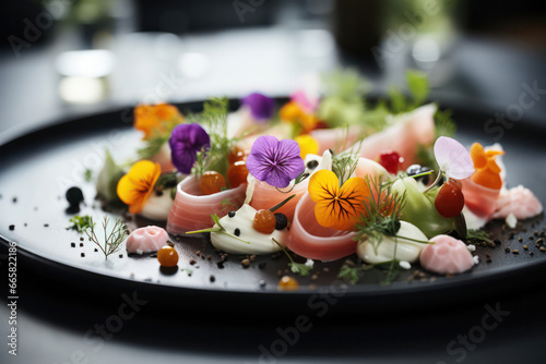 An artistic and visually appealing shot of a fine dining dish, meticulously plated with precision and creativity, showcasing culinary craftsmanship and gastronomic delights | ACTORS: None | LOCATION T