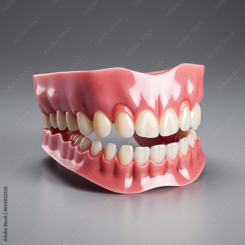 Obraz premium Realistic Dentures on a Gray Background