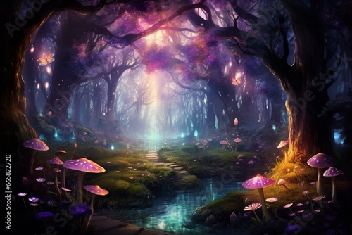 Enchanted elf forest with magical mushrooms  butterfly  pink rose  and moon rays. Generative AI