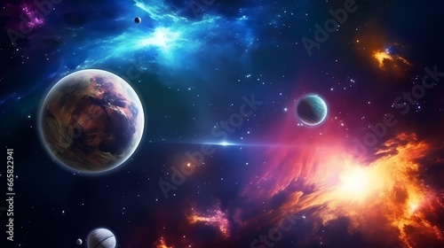 Panorama view universe space. Cosmic landscape, beautiful science fiction wallpaper with endless deep space.