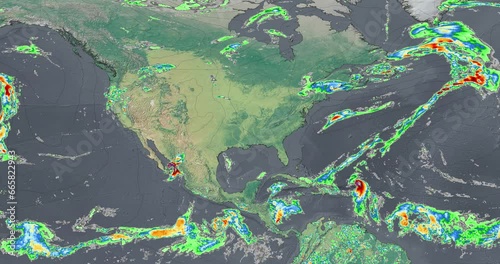 The weather map recreates intense rainfall over North America, the storms show the progress of rain patterns in the region. photo