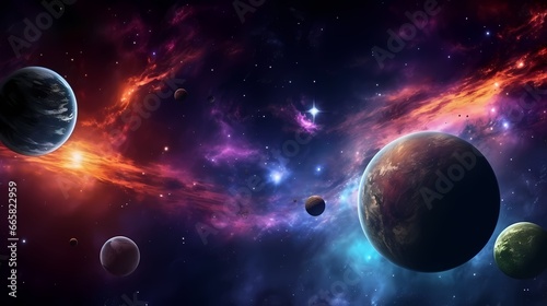 Panorama view universe space. Cosmic landscape  beautiful science fiction wallpaper with endless deep space.